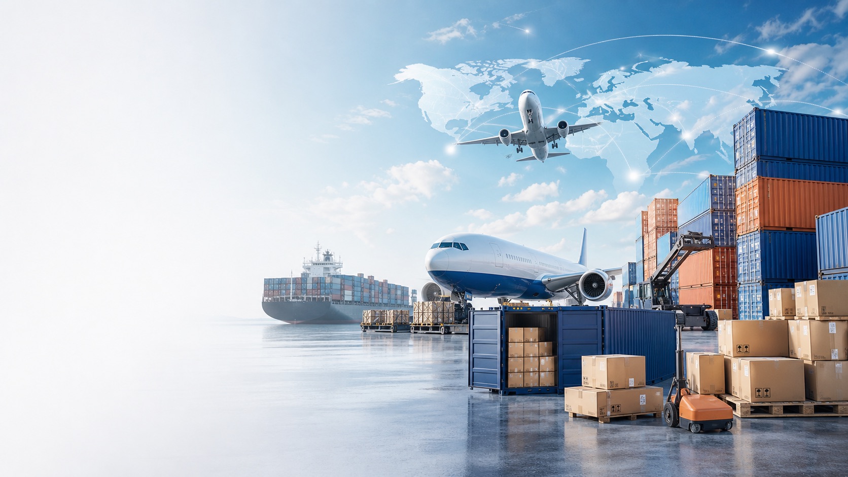 International cargo containers, air freight and sea freight logistics hub
